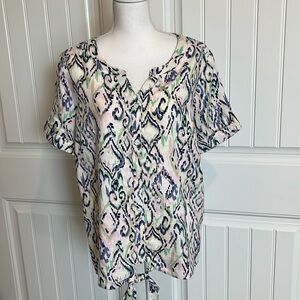 Emily Daniels Linen Blend‎ Women's XL Tunic Style Top Tie Front short sleeve